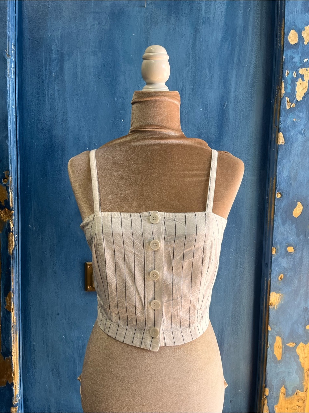 Striped Button-Front Spaghetti Strap Tank Top - Cream/White